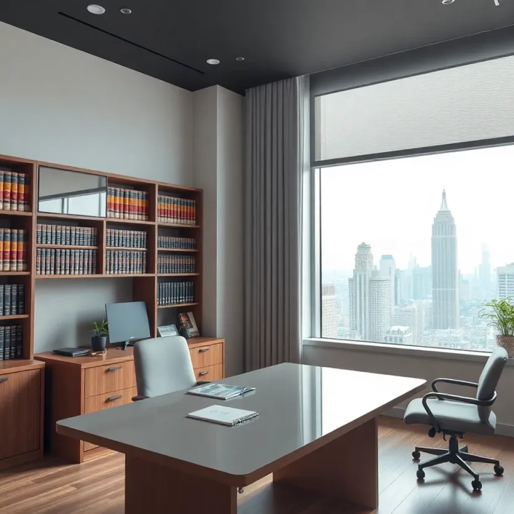 Interior of a law office with legal books and a desk.