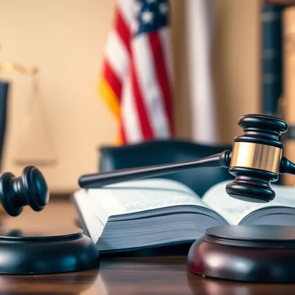 Interior view of a lawyer's office featuring law books and a gavel