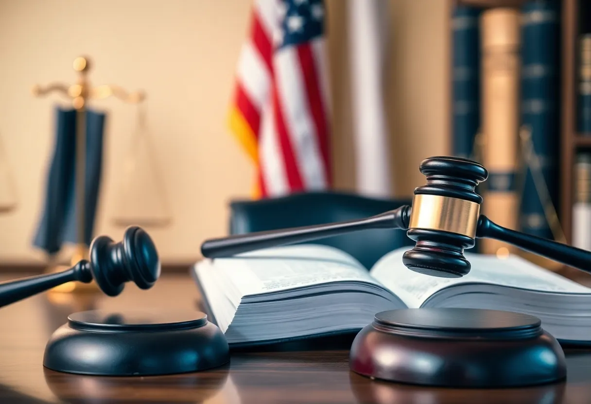 Interior view of a lawyer's office featuring law books and a gavel