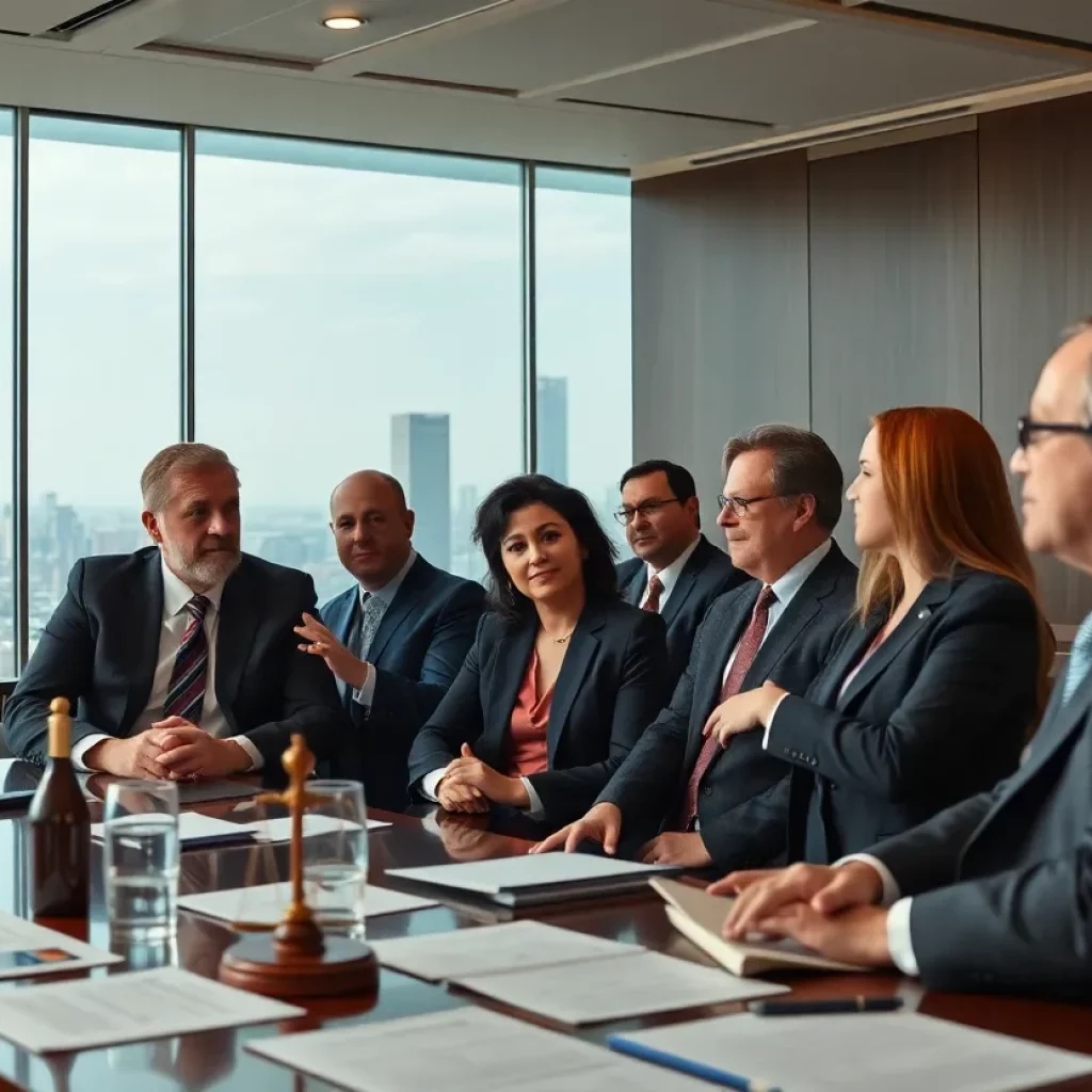 Lawyers engaging in discussion about mass torts at a conference.