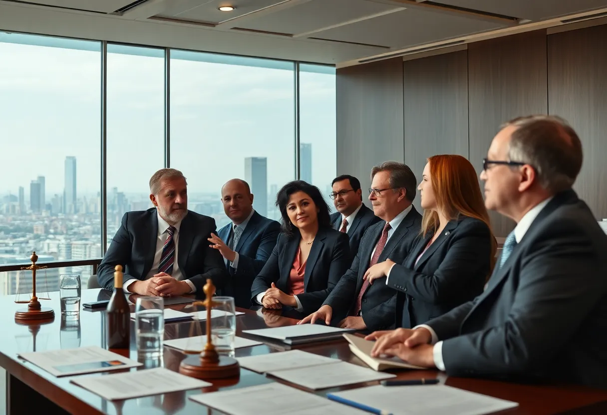 Lawyers engaging in discussion about mass torts at a conference.
