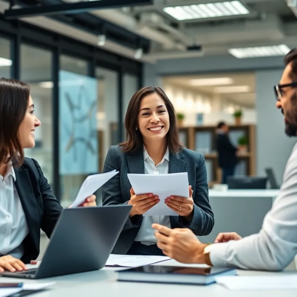Lawyers discussing membership programs with clients in a contemporary office.