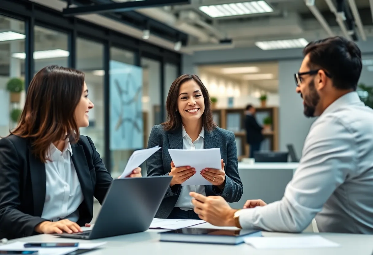 Lawyers discussing membership programs with clients in a contemporary office.