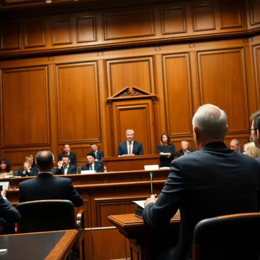 Courtroom scene illustrating the legal conflict surrounding talc lawsuits.