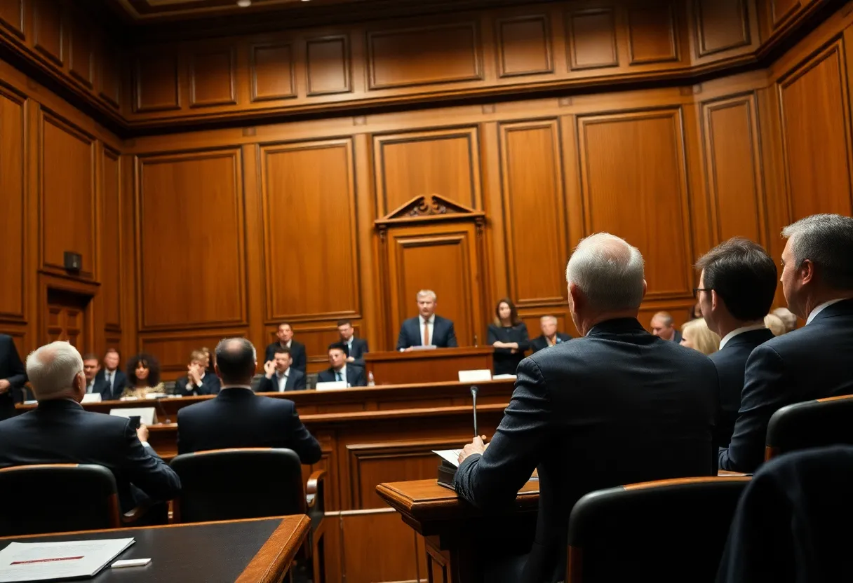 Courtroom scene illustrating the legal conflict surrounding talc lawsuits.