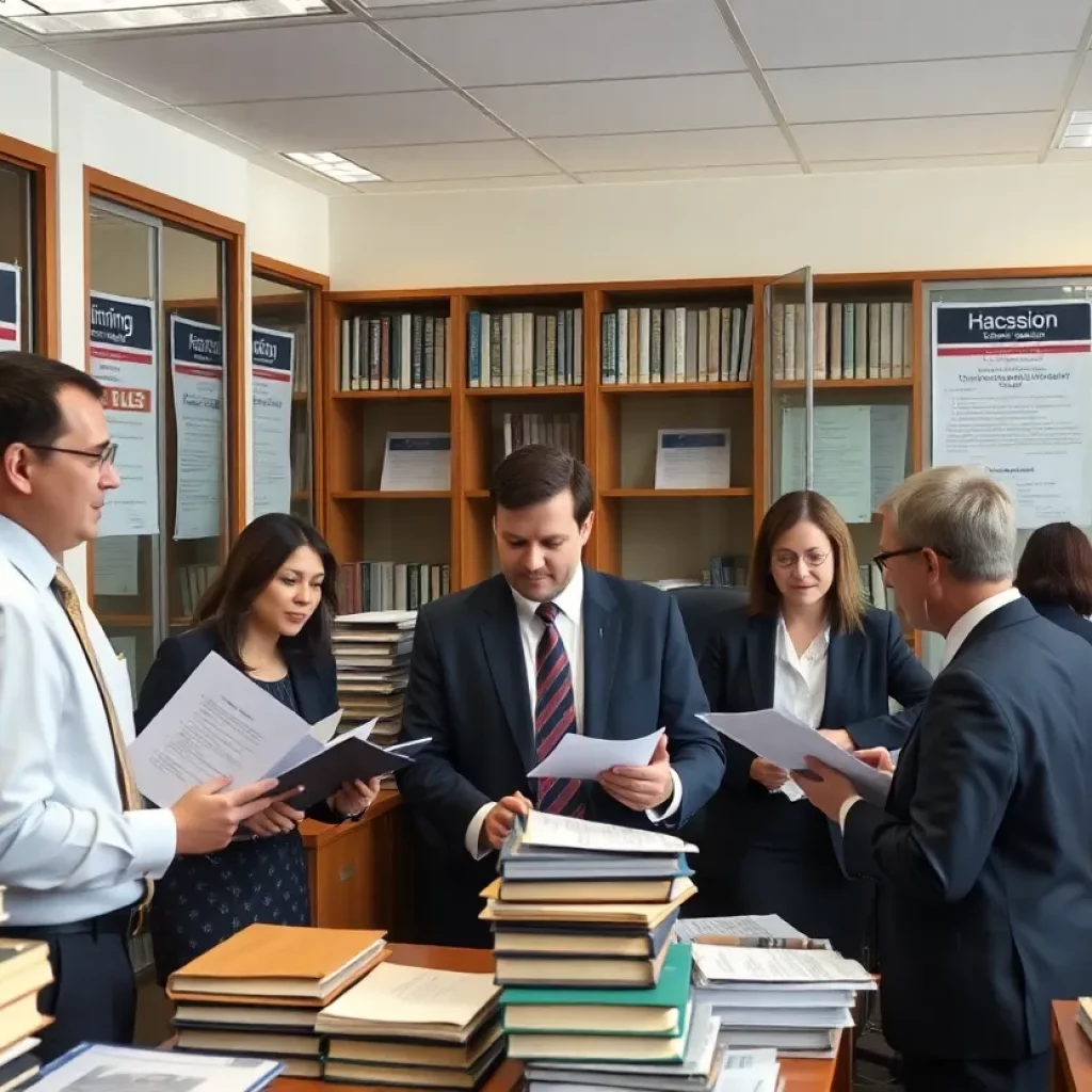 Lawyers in an office discussing new job opportunities in the legal field.