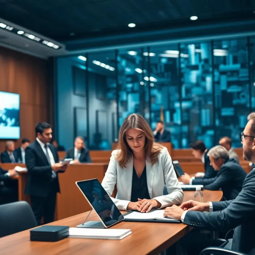 Courtroom scene depicting lawyers and legal proceedings.