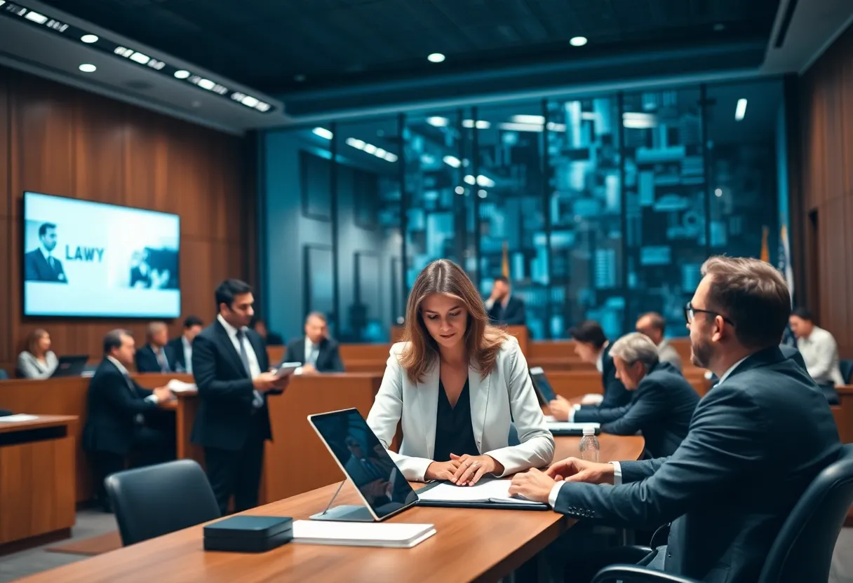 Courtroom scene depicting lawyers and legal proceedings.