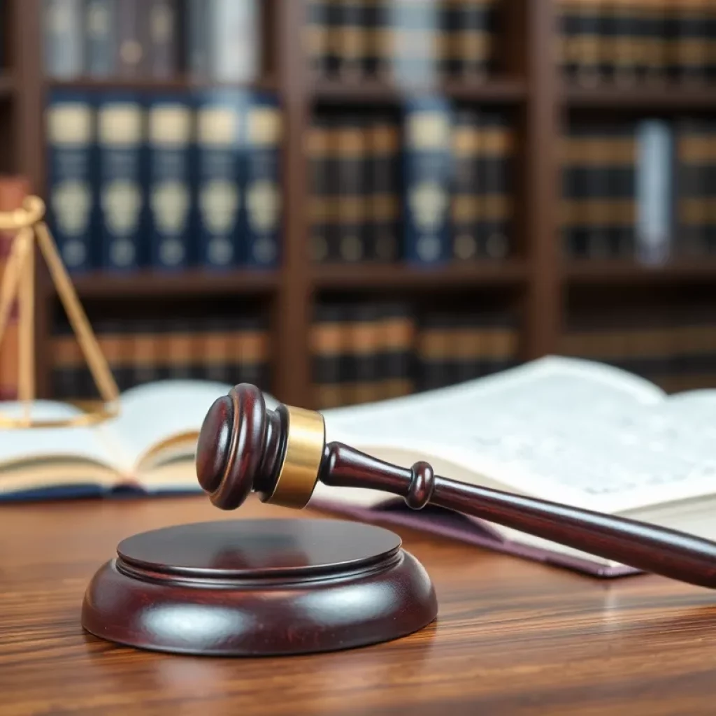 Interior view of a legal office with books and a gavel