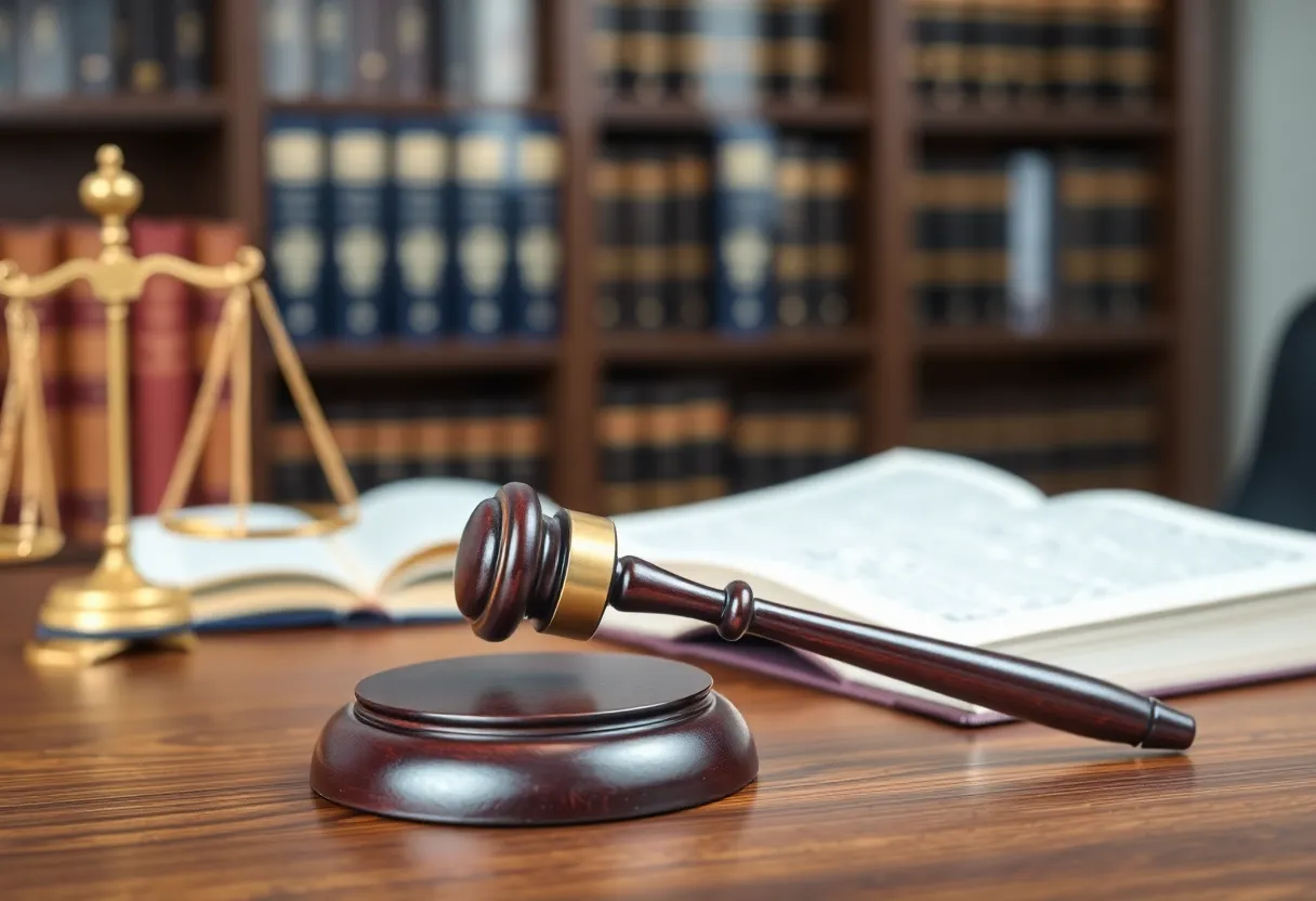 Interior view of a legal office with books and a gavel