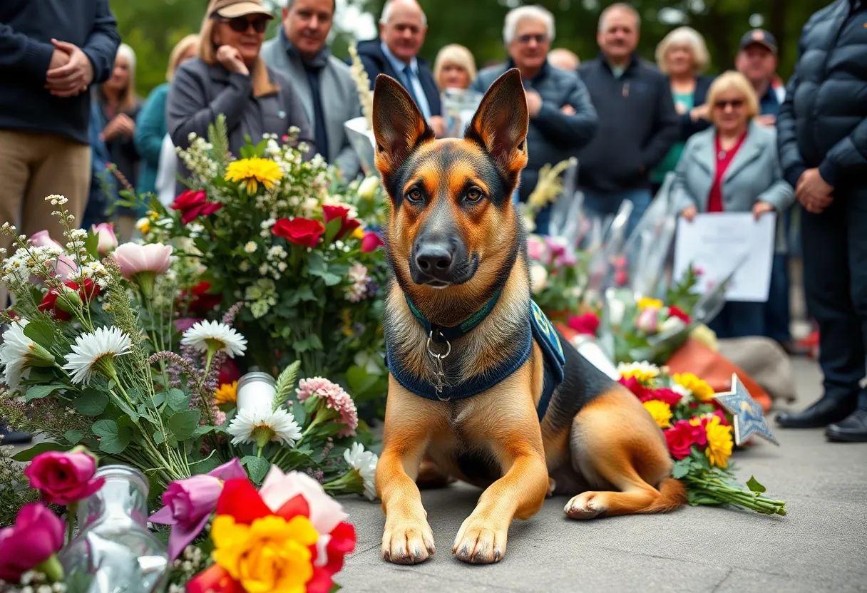 Memorial for K-9 Rizo with flowers and a badge