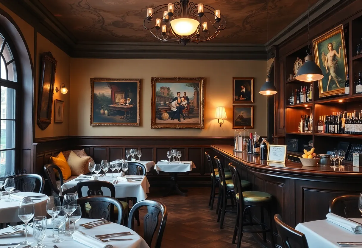 Charming interior of Merci restaurant with vintage decor.