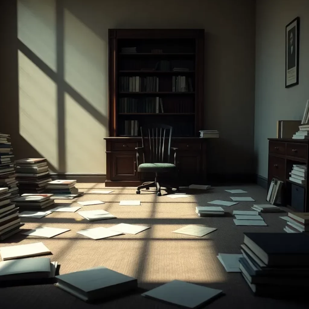 Gloomy legal office representing a lawyer's mysterious disappearance