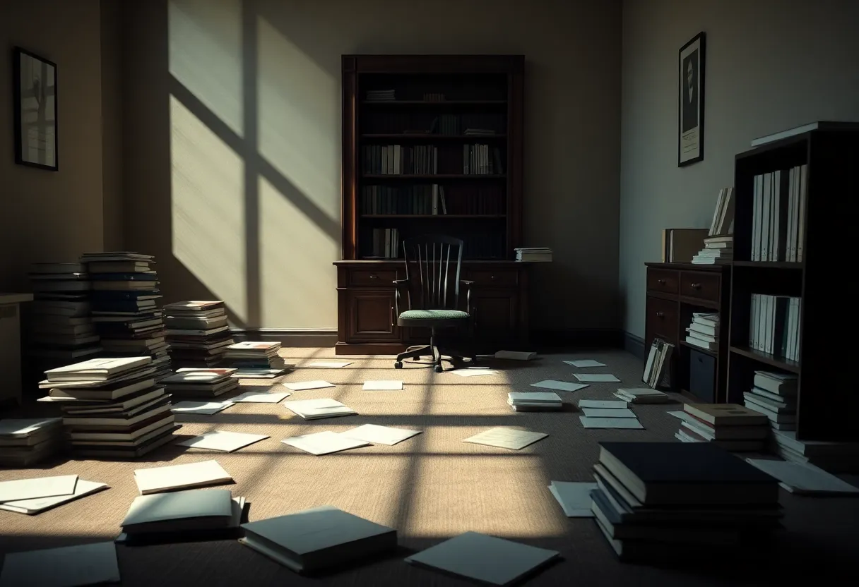 Gloomy legal office representing a lawyer's mysterious disappearance