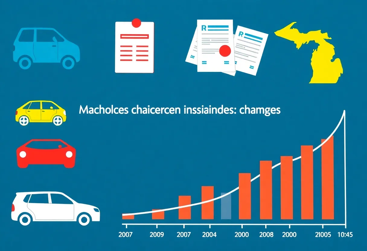 Graphic of Michigan's auto insurance reforms including car symbols and fee changes.