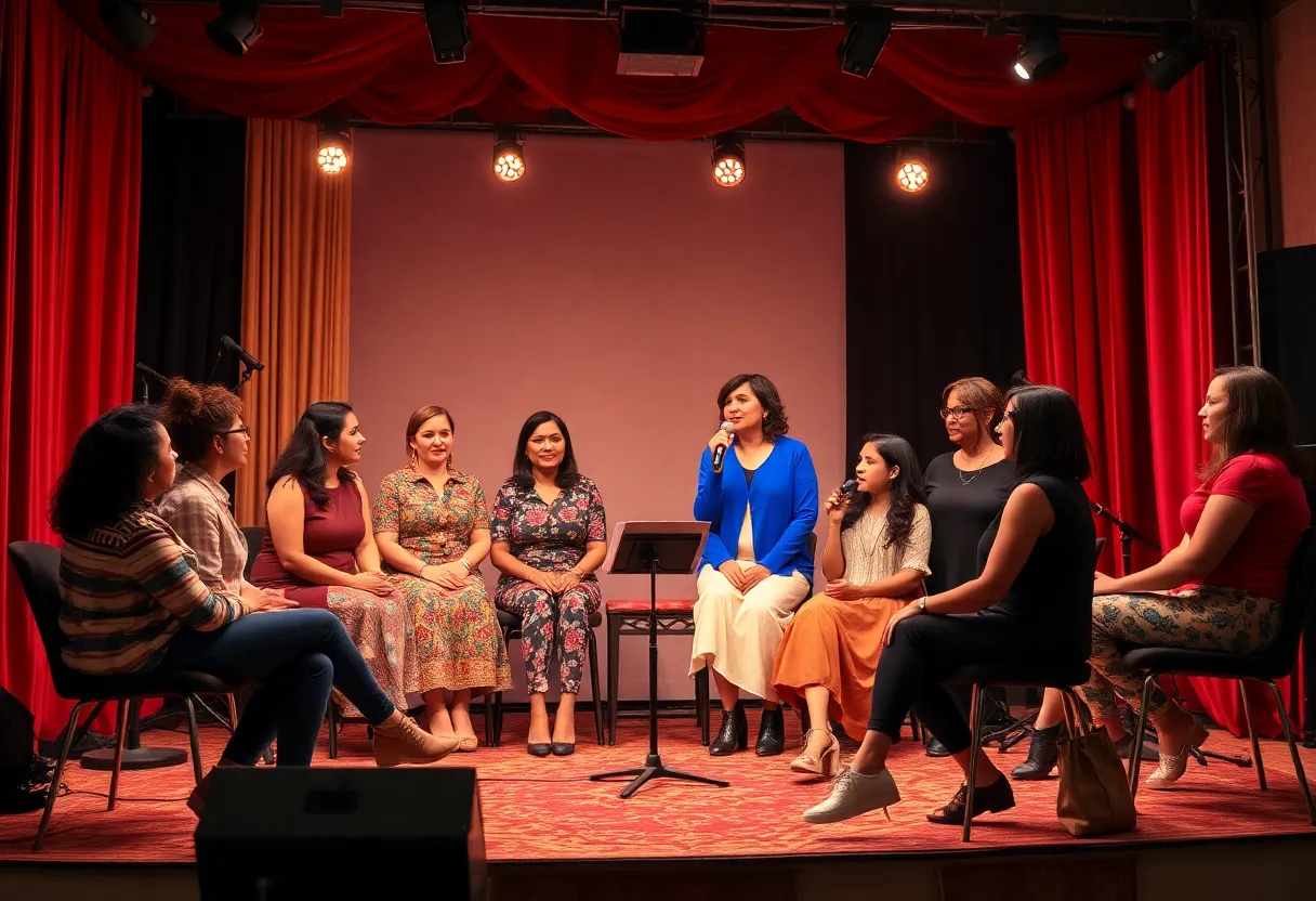 An artistic representation of a diverse group of women performing at a theater.