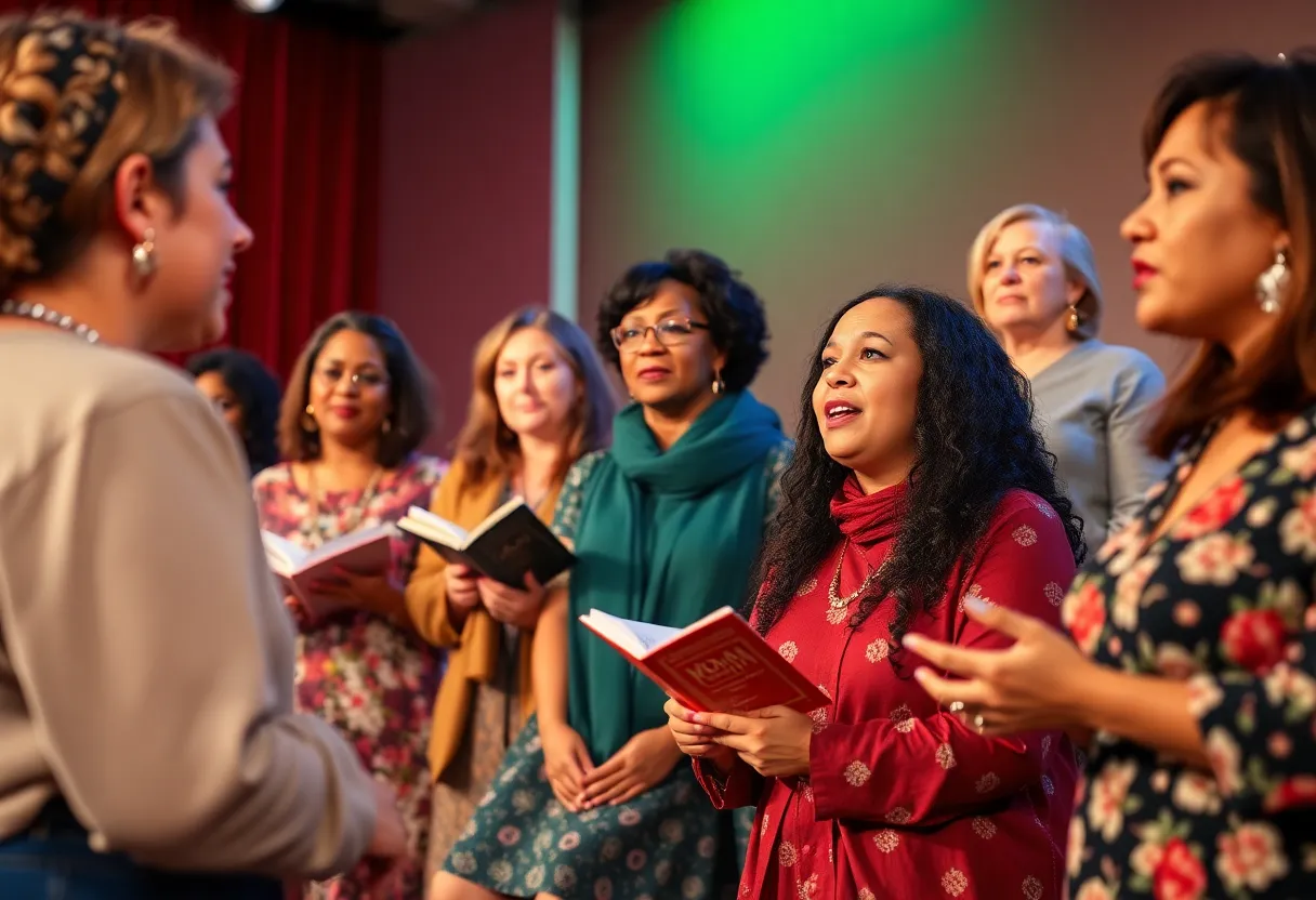 Women performing on stage at Midlife Monologues