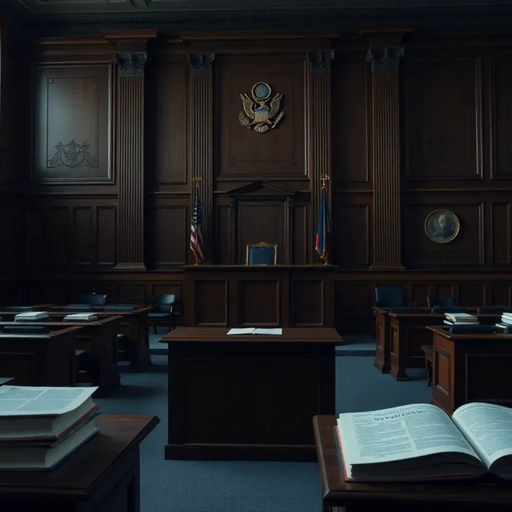Empty courtroom with legal documents and evidence on display