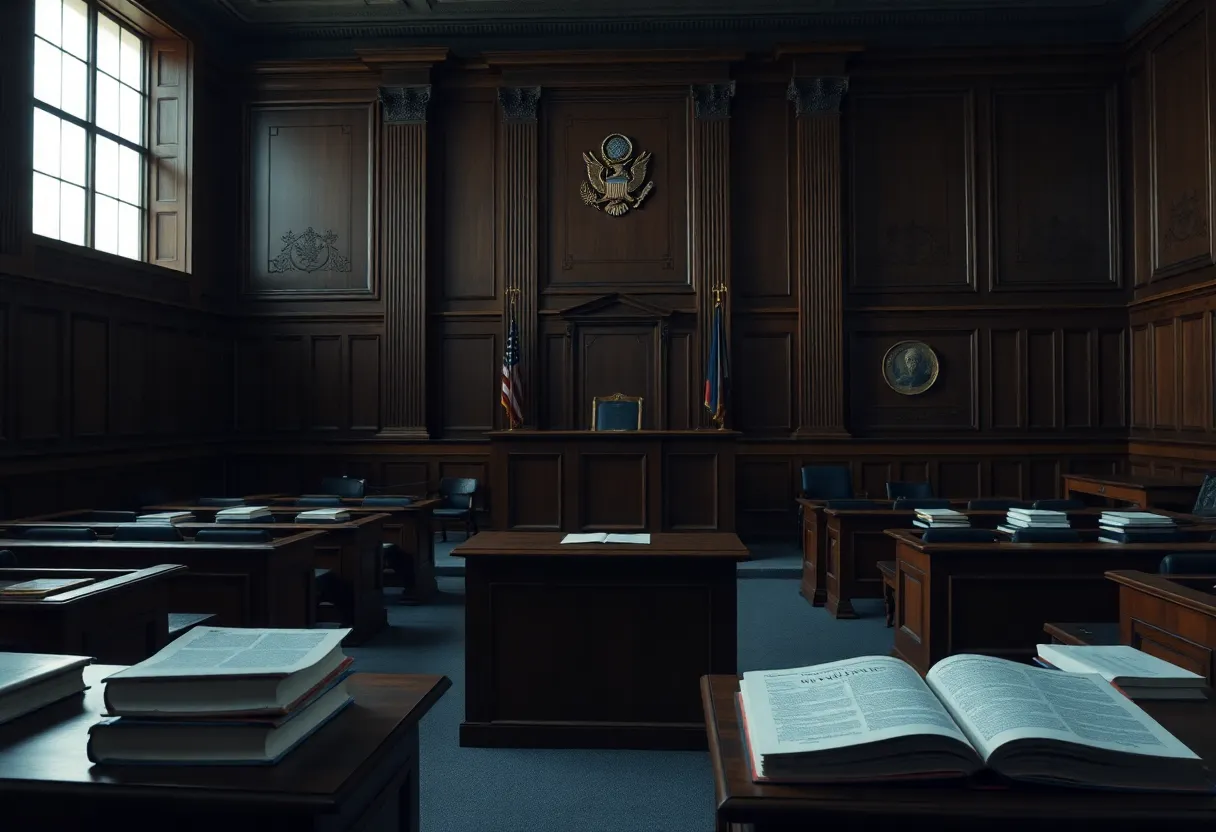Empty courtroom with legal documents and evidence on display