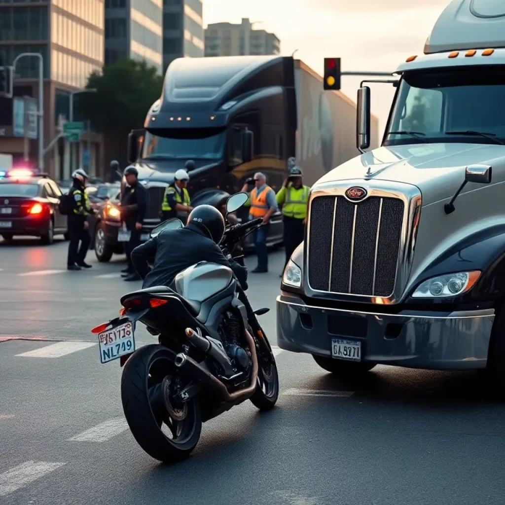 Investigative scene of a motorcycle crash with a semi-truck