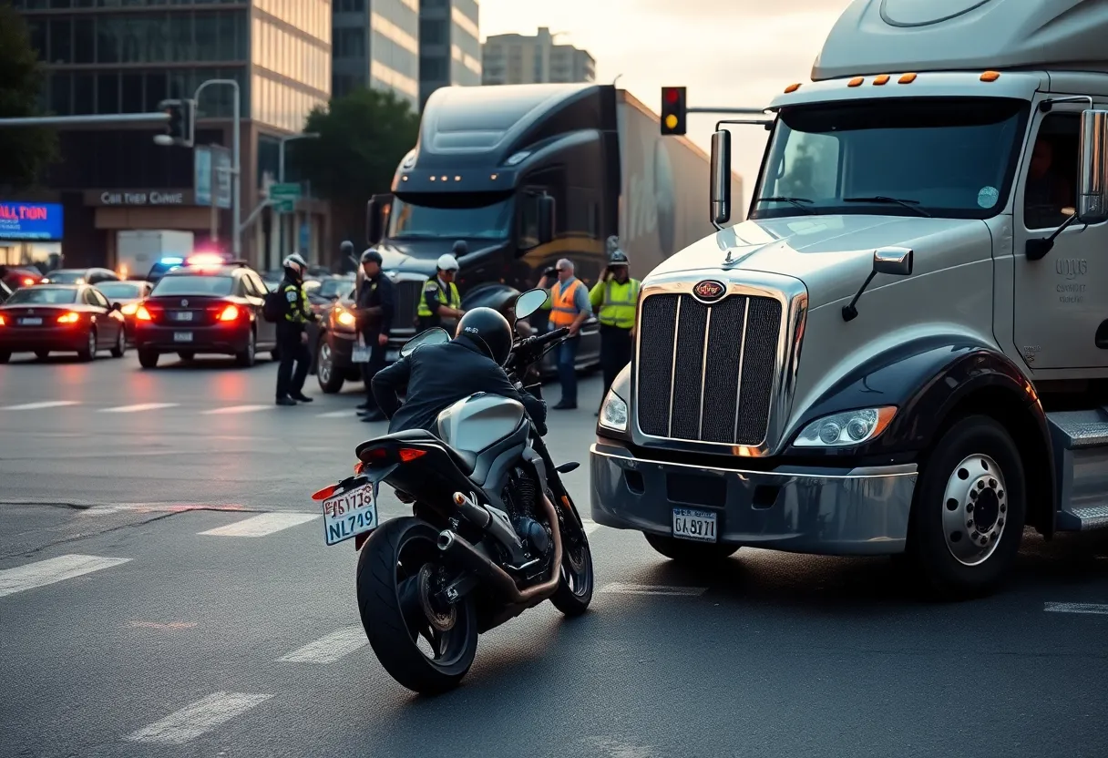 Investigative scene of a motorcycle crash with a semi-truck