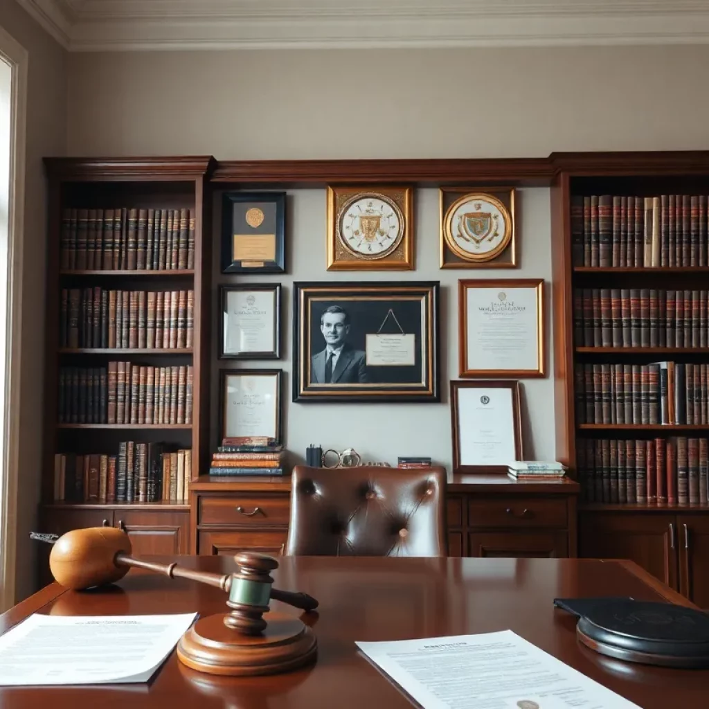 Interior of a law office with legal books and a gavel