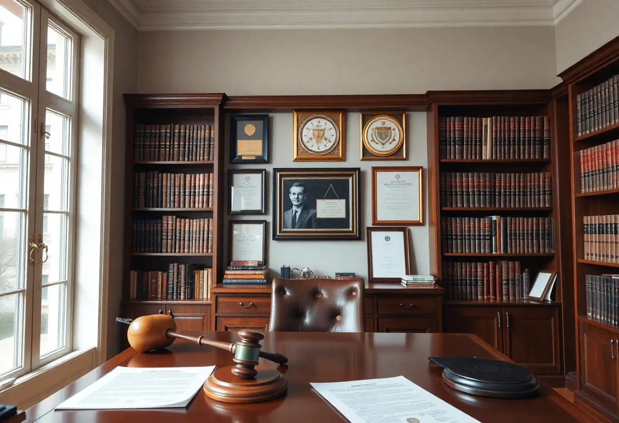 Interior of a law office with legal books and a gavel