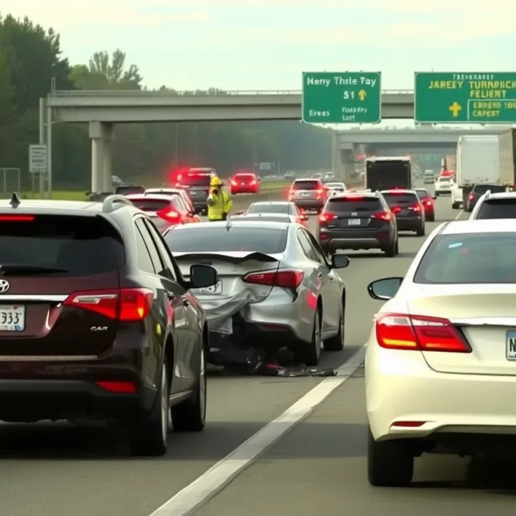 Traffic scene on New Jersey Turnpike after a two-car accident