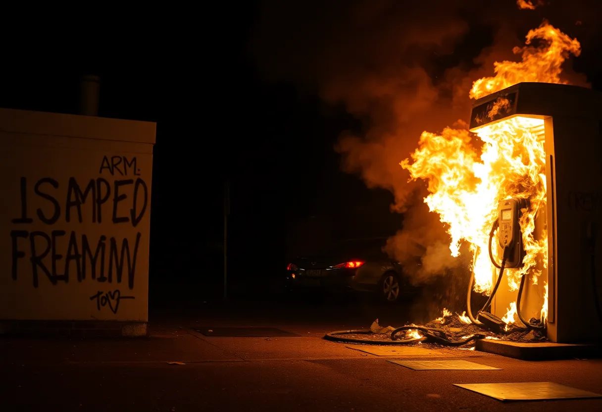 Arson scene at Tesla charging station with flames and graffiti