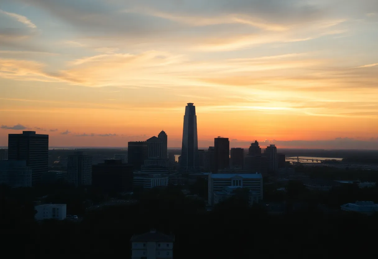 Sunset view of North Charleston city skyline highlighting turmoil