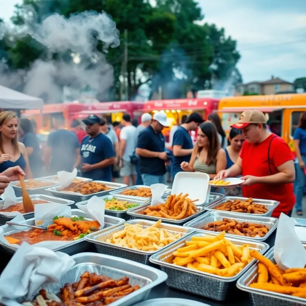 Community members enjoying a BBQ festival with food trucks and diverse dishes