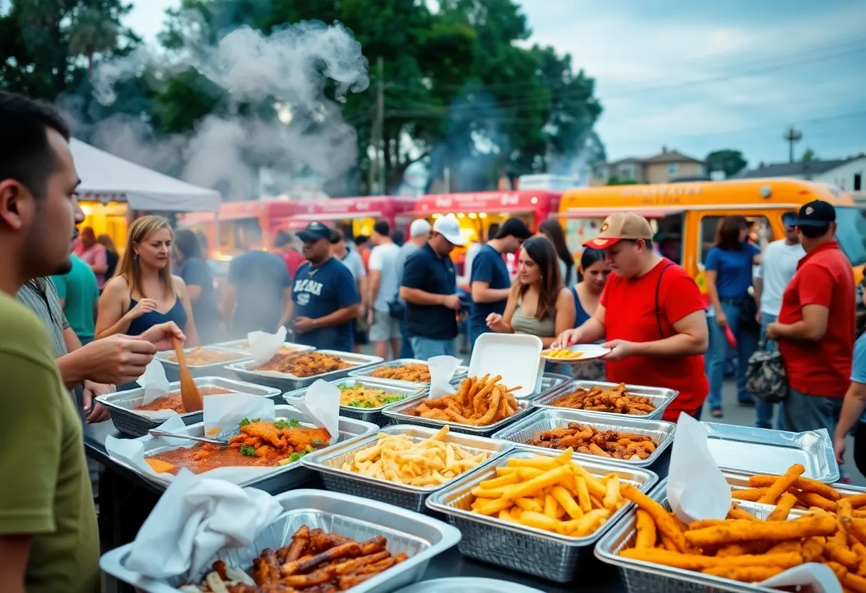 Community members enjoying a BBQ festival with food trucks and diverse dishes