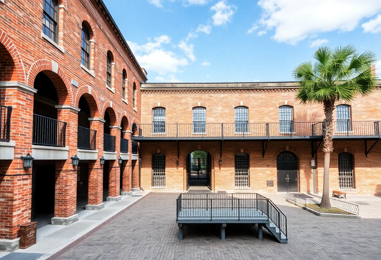 A view of the historic Old Charleston Jail after renovation with modern amenities.