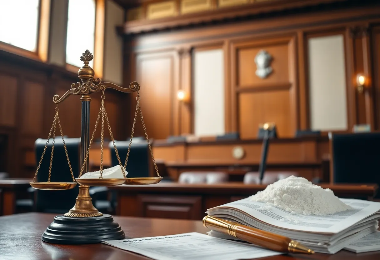 Courtroom scene illustrating a lawsuit related to Old Spice Talc products.
