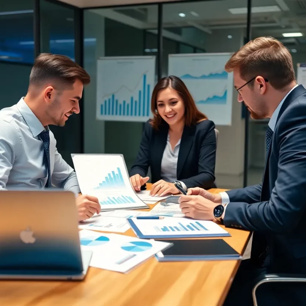 Accountants discussing outsourced accounting services in an office.