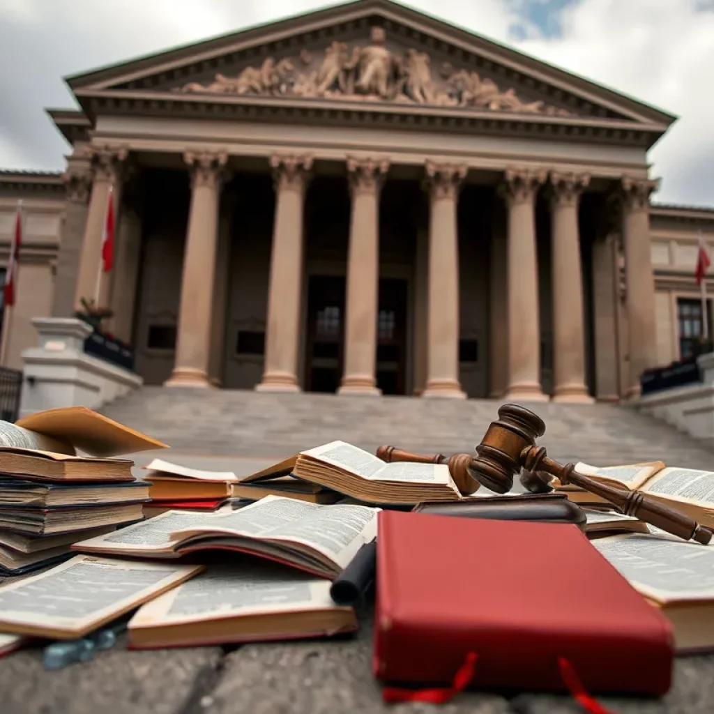 Exterior of Portland courthouse with legal books on the ground
