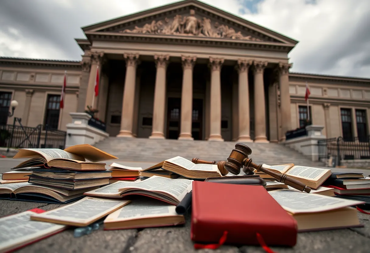 Exterior of Portland courthouse with legal books on the ground