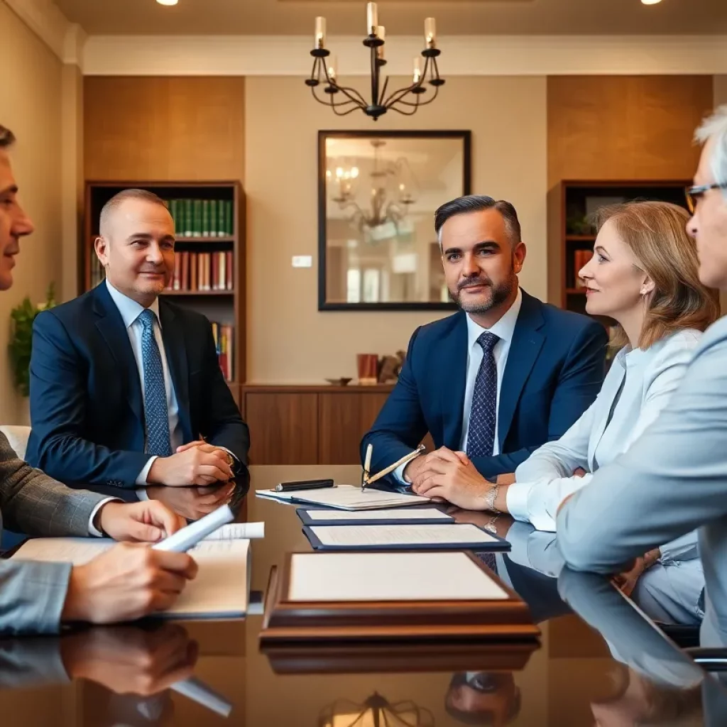Inside view of a law office with lawyers discussing cases in a professional setting.