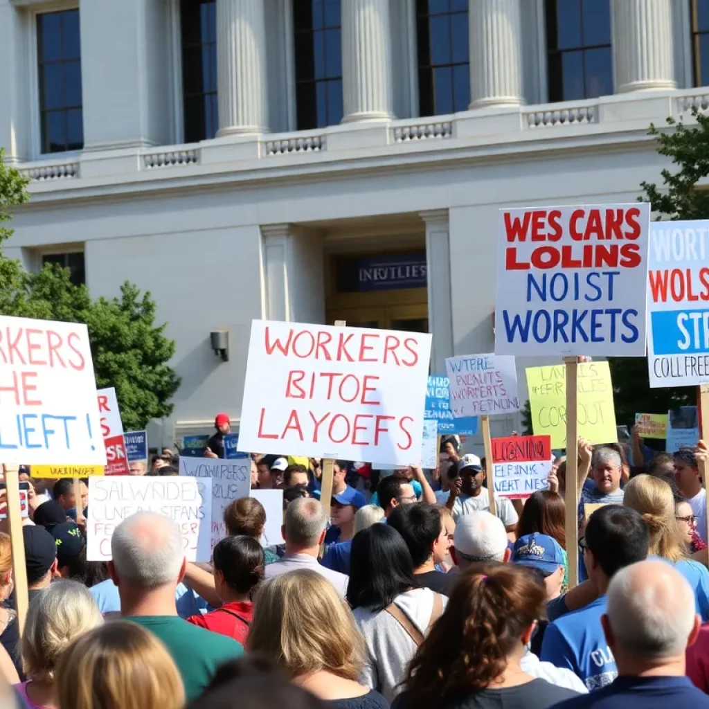 Crowd protesting against layoffs outside a federal building