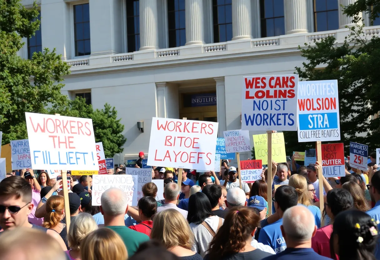 Crowd protesting against layoffs outside a federal building