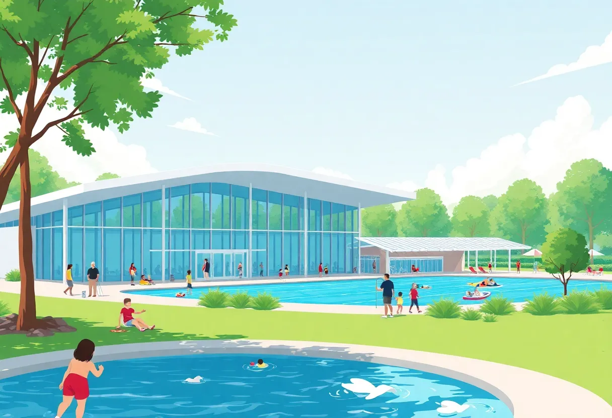 Rendering of a new recreation center and aquatics facility