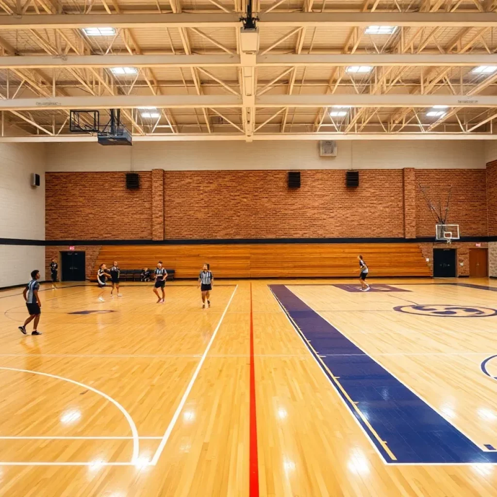 Volleyball and basketball courts in a high school gym