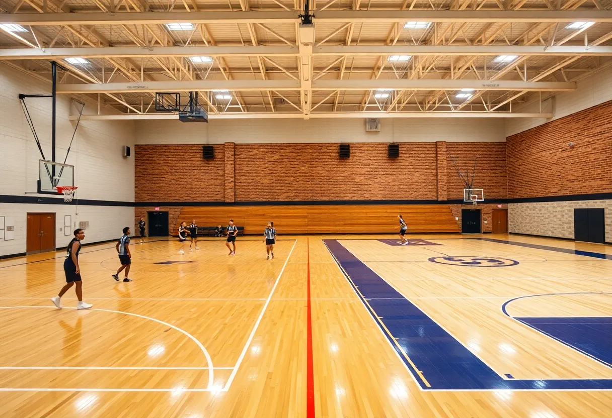 Volleyball and basketball courts in a high school gym
