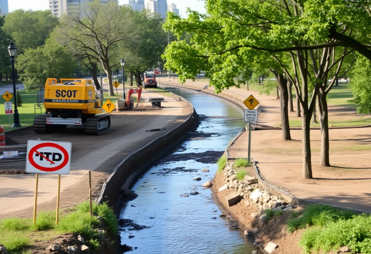 Construction work at Riverfront Park in Columbia during canal recovery project