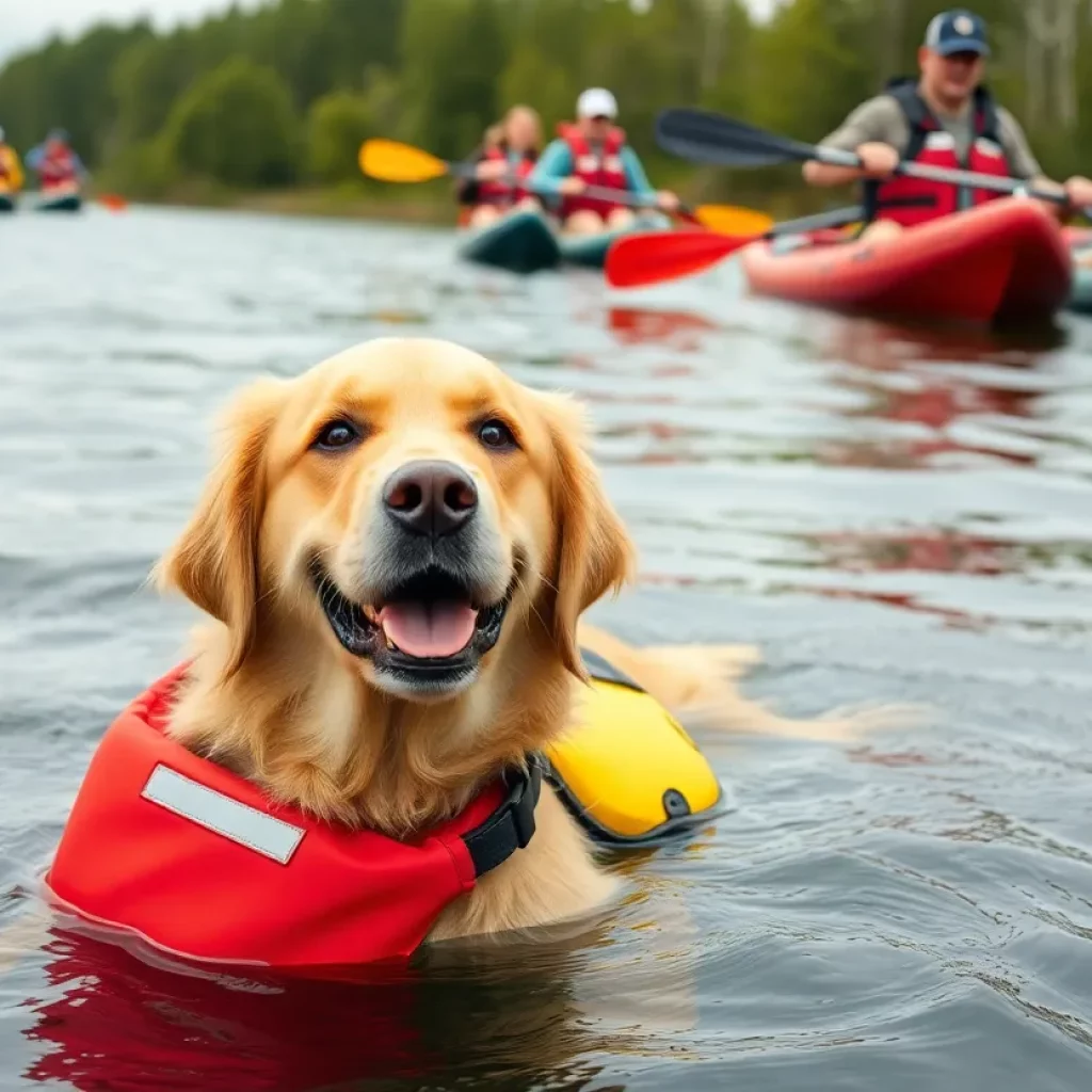 Golden Retriever swimming in the river wearing a life jacket