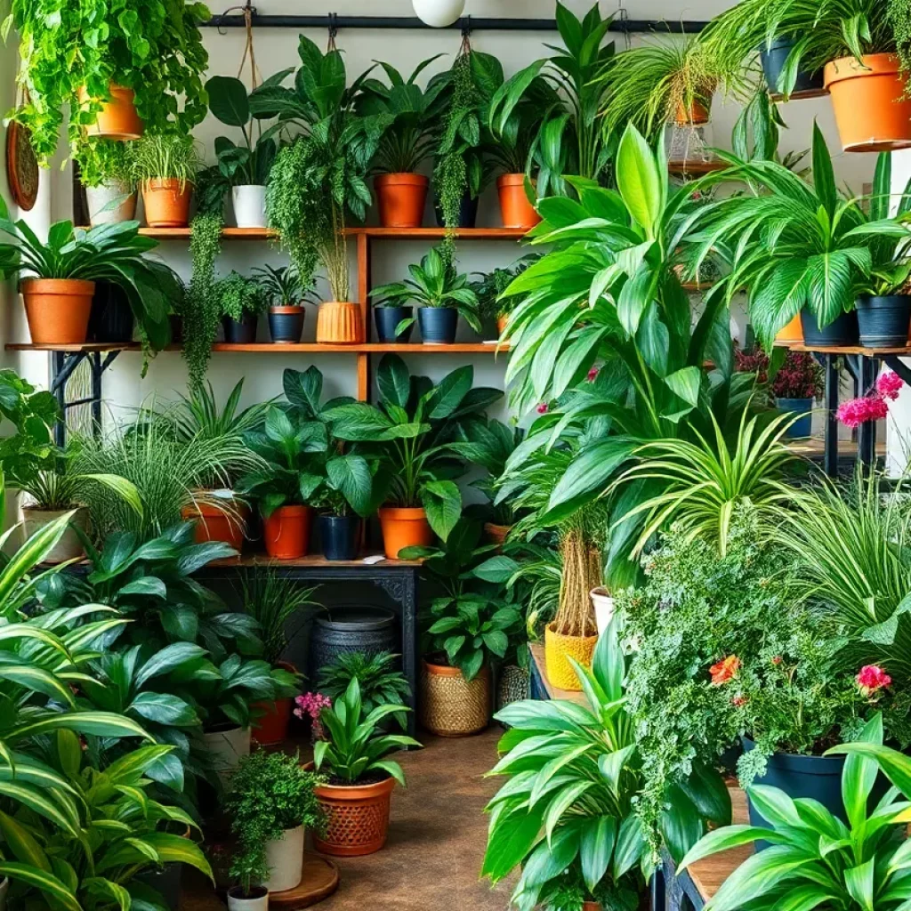 Interior view of a plant shop filled with greenery and vibrant plants
