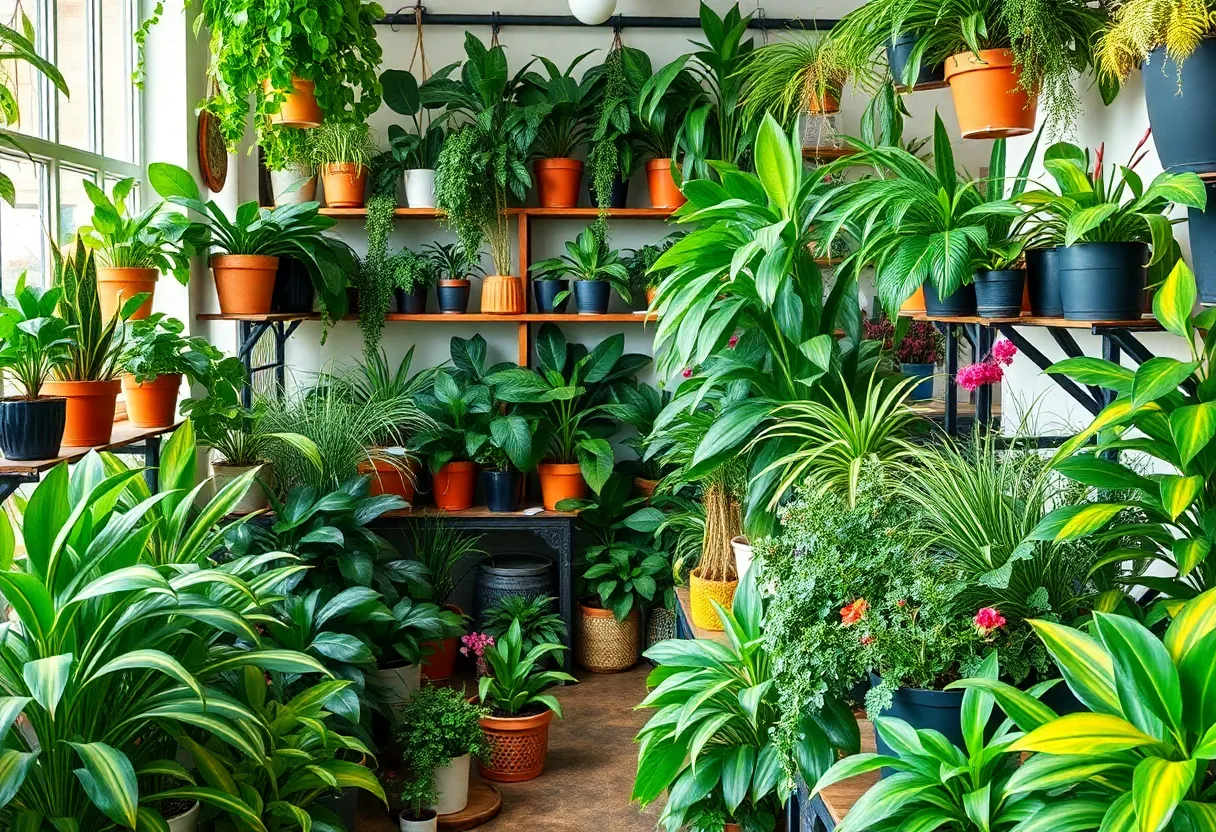 Interior view of a plant shop filled with greenery and vibrant plants
