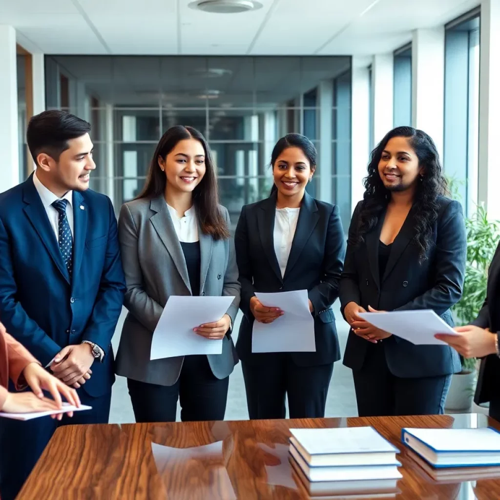 A diverse group of lawyers engaged in a professional discussion in a law office.