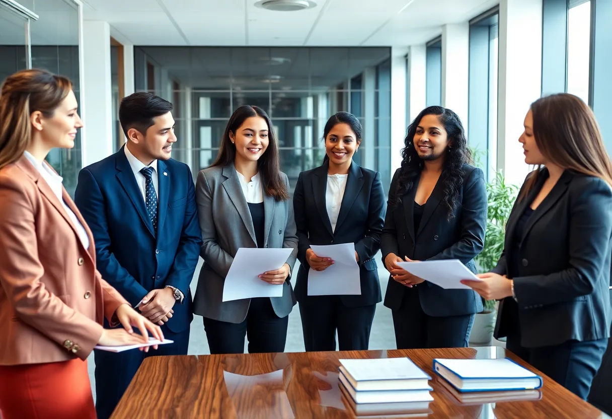 A diverse group of lawyers engaged in a professional discussion in a law office.