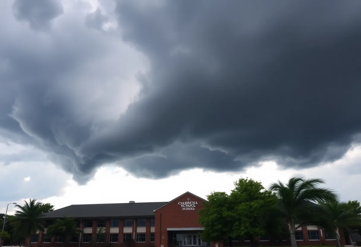Dark storm clouds over a school building signaling severe weather.
